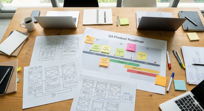 Project wireframes and product roadmap laid out on a desk